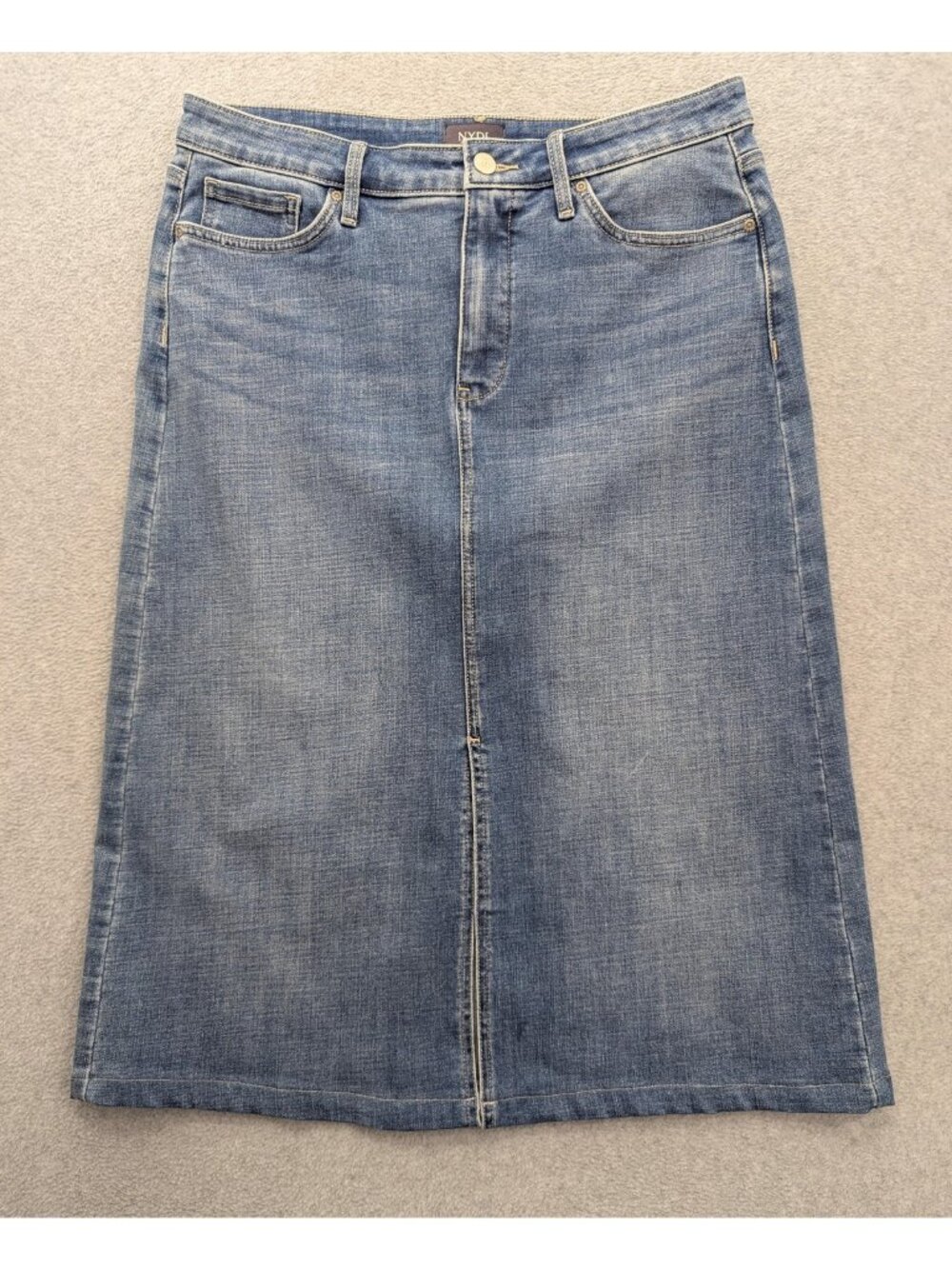 NYDJ Skirt Womens 8 Blue Denim Straight Midi Front Slit Stretch Lift Tuck